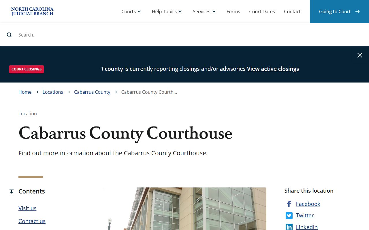 Cabarrus County Courthouse page with address and hours
