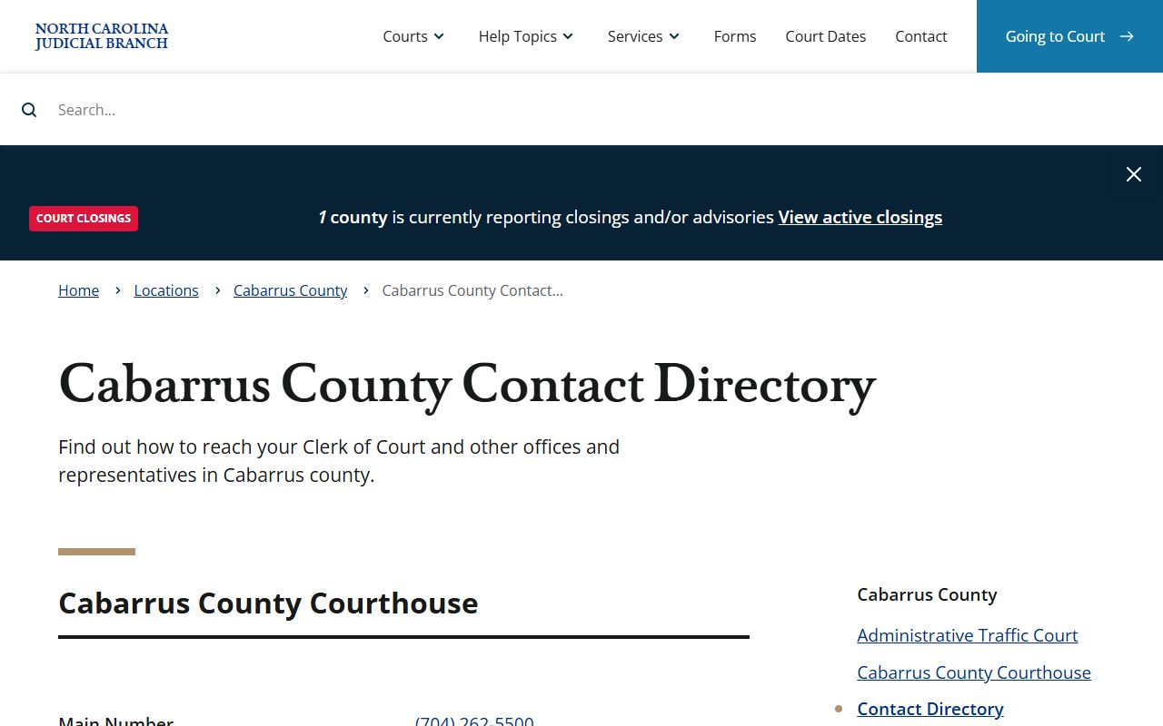 Cabarrus County court contact directory for court records