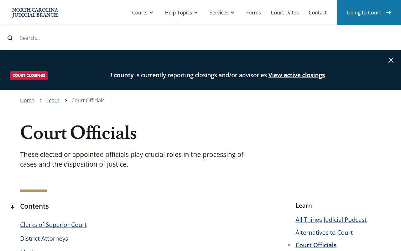 North Carolina court officials page describing the Cabarrus County Clerk of Superior Court