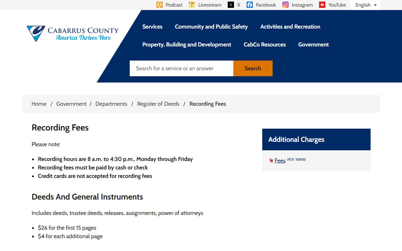 Cabarrus County recording fees page for the Register of Deeds