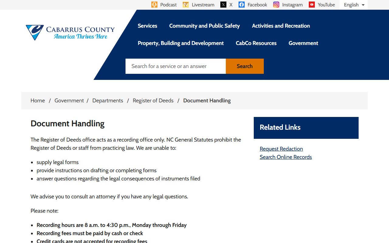 Cabarrus County document handling page for recorded documents