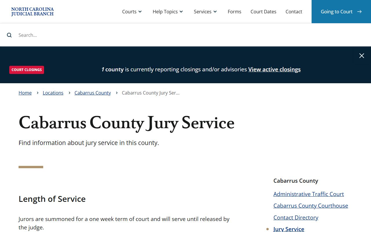 Cabarrus County jury service page related to court dockets