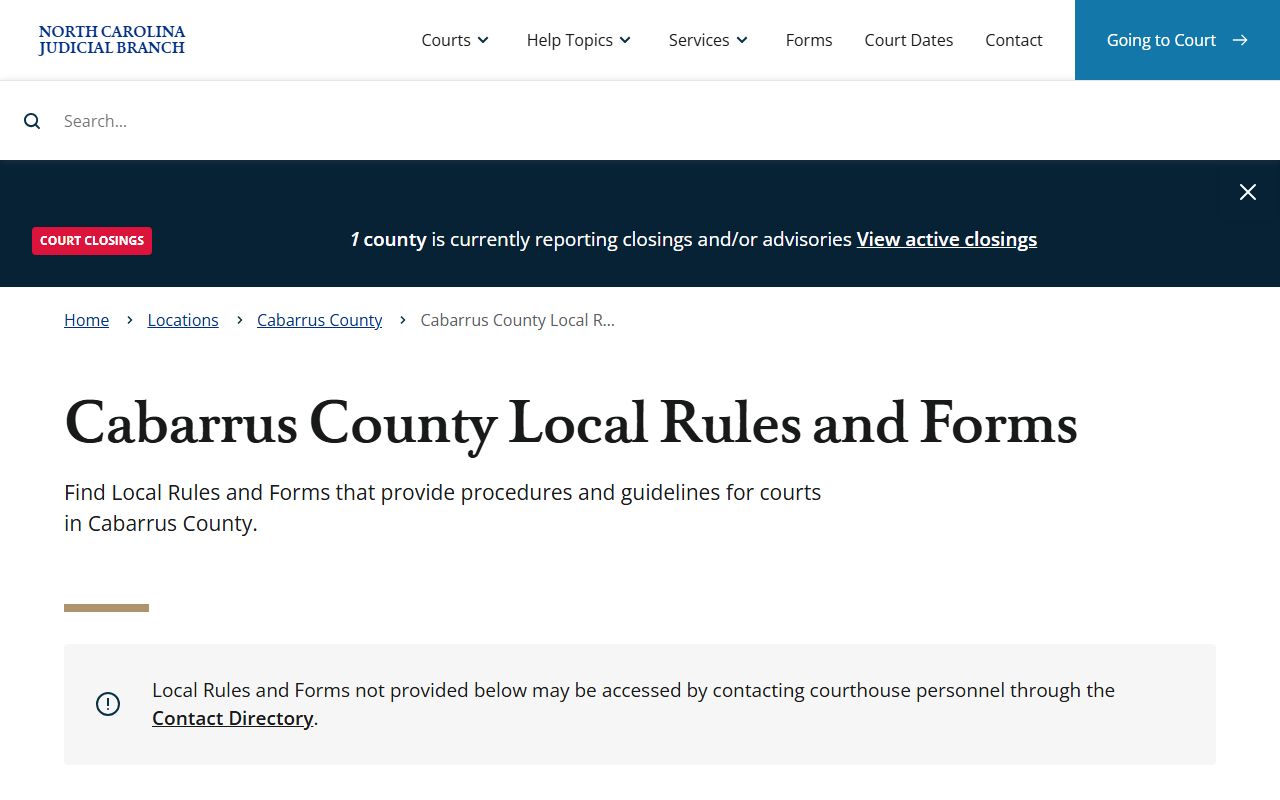 Cabarrus County local rules and forms for court dockets