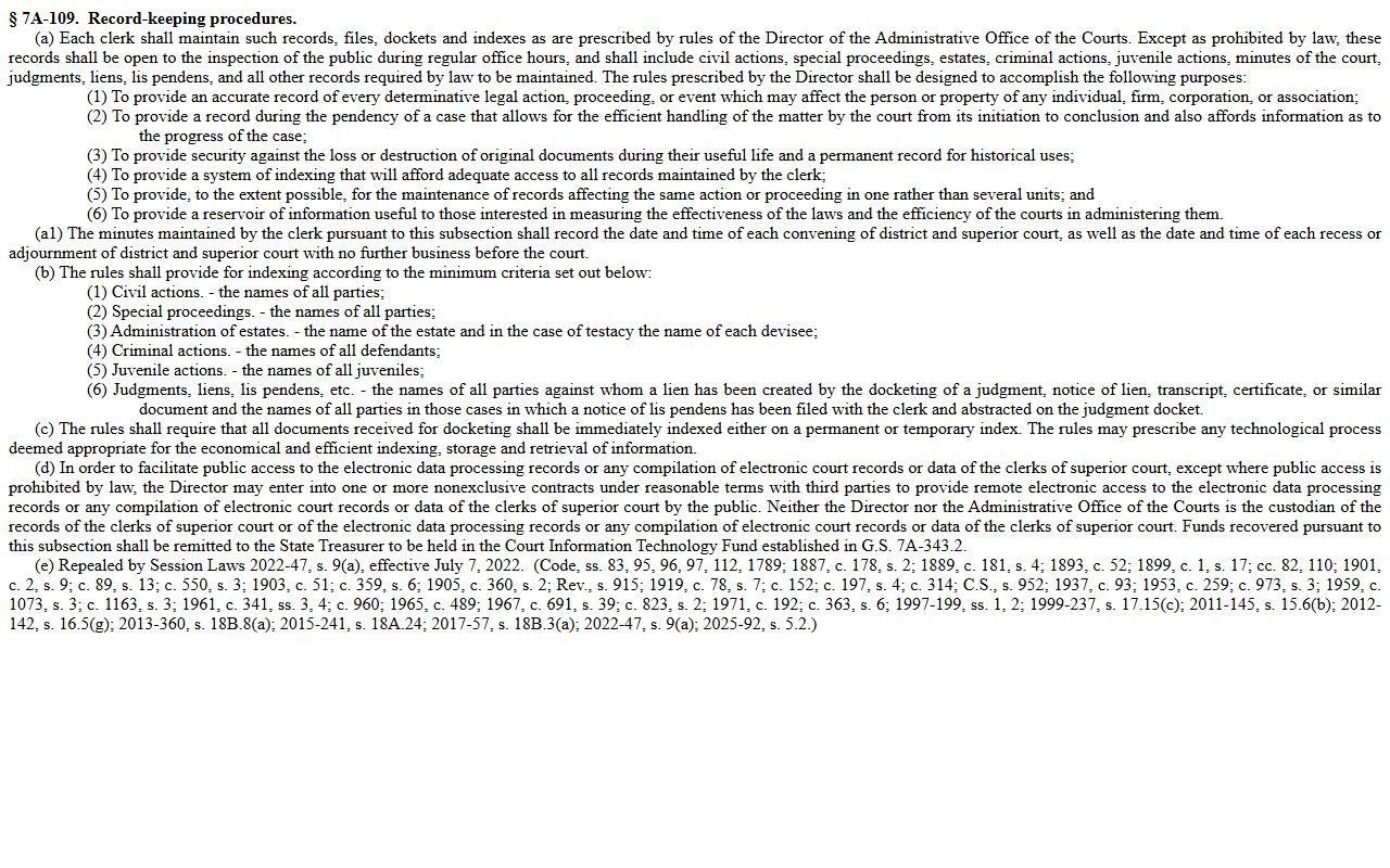 N.C.G.S. 7A-109 clerk records statute for Cabarrus County court records