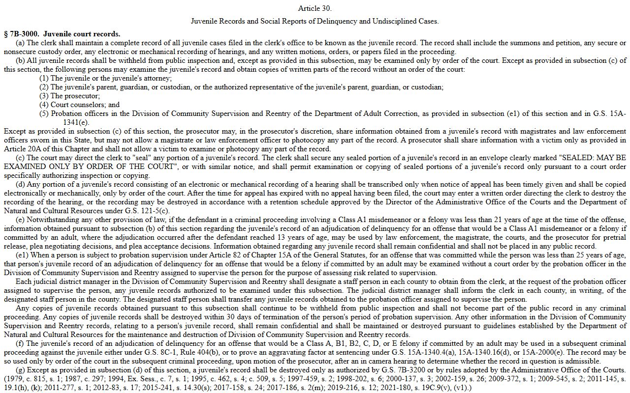 Juvenile court records statute restricting Cabarrus County records