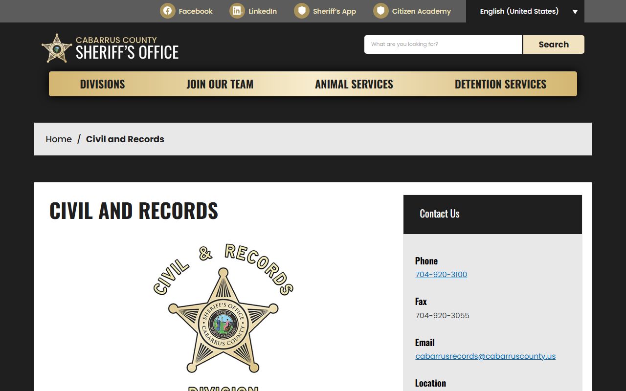 Cabarrus County Sheriff Civil and Records division for arrest records