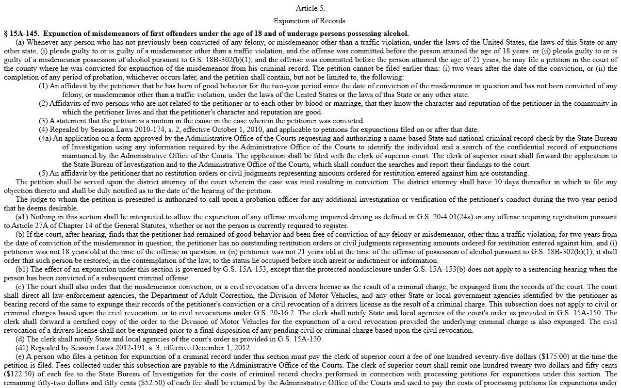 Misdemeanor expunction statute for Cabarrus County arrest records