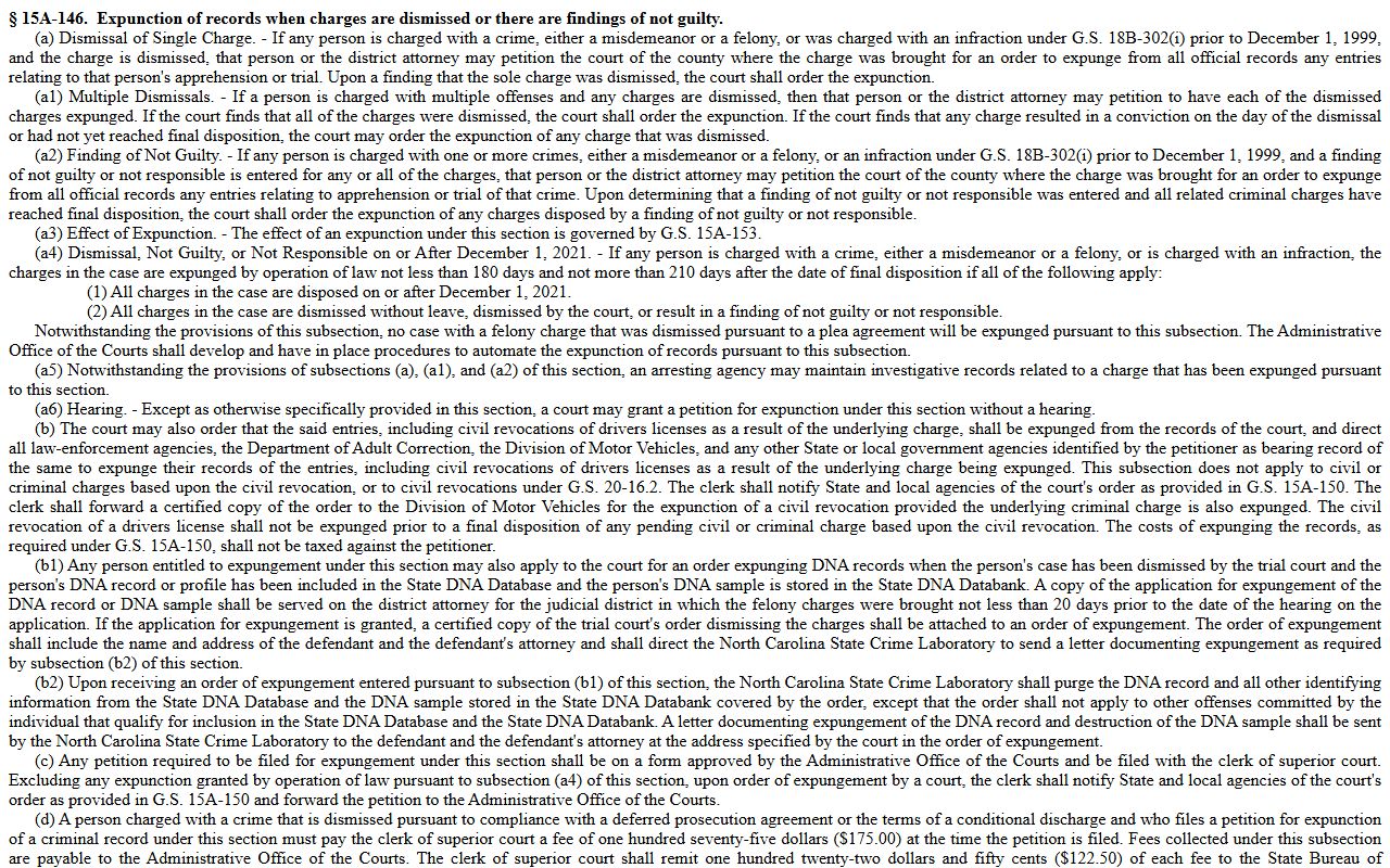 Dismissed charge expunction statute for Cabarrus County
