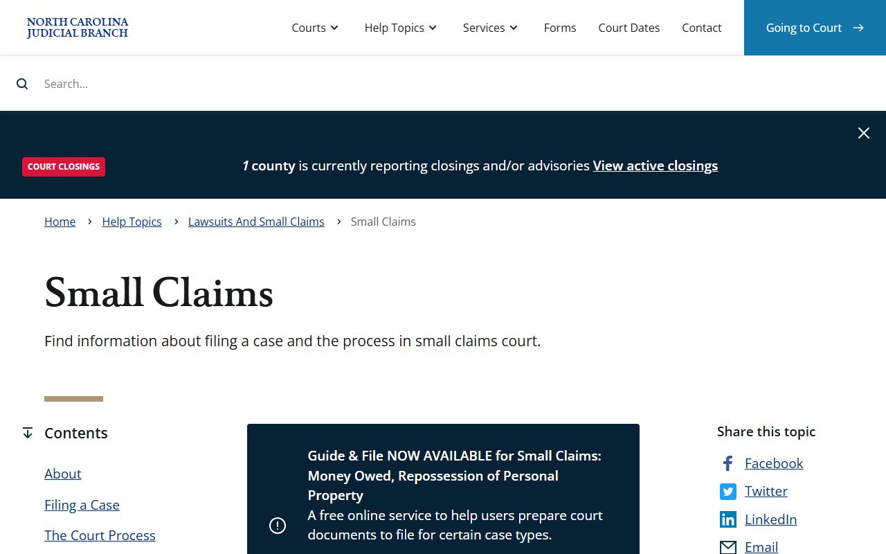 North Carolina small claims help topic for Cabarrus County courts