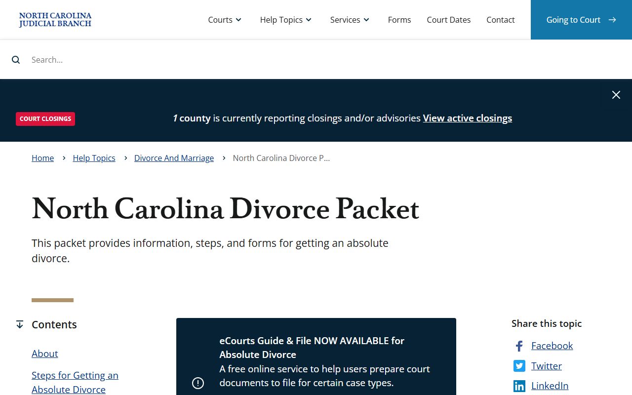 North Carolina divorce packet for Cabarrus County divorce records