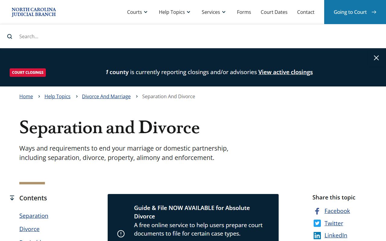 North Carolina separation and divorce help topic for Cabarrus County