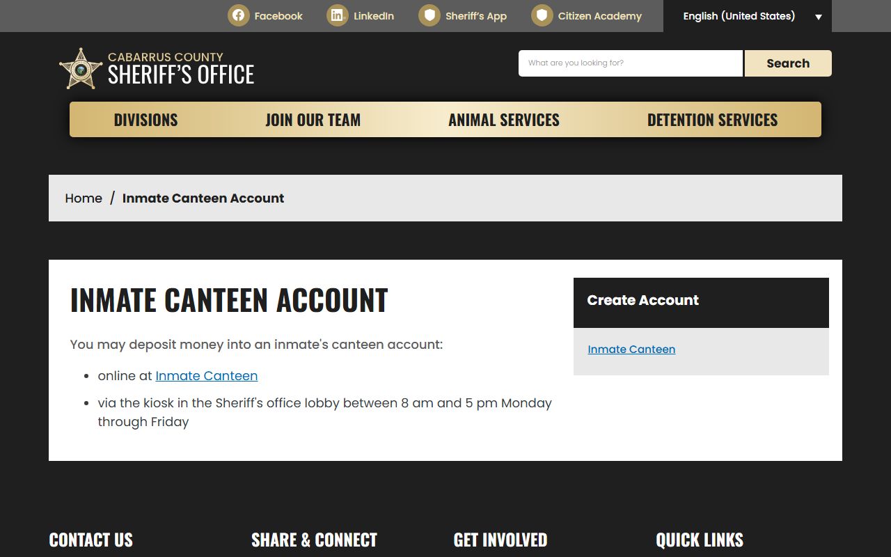 Cabarrus County inmate canteen account deposit options
