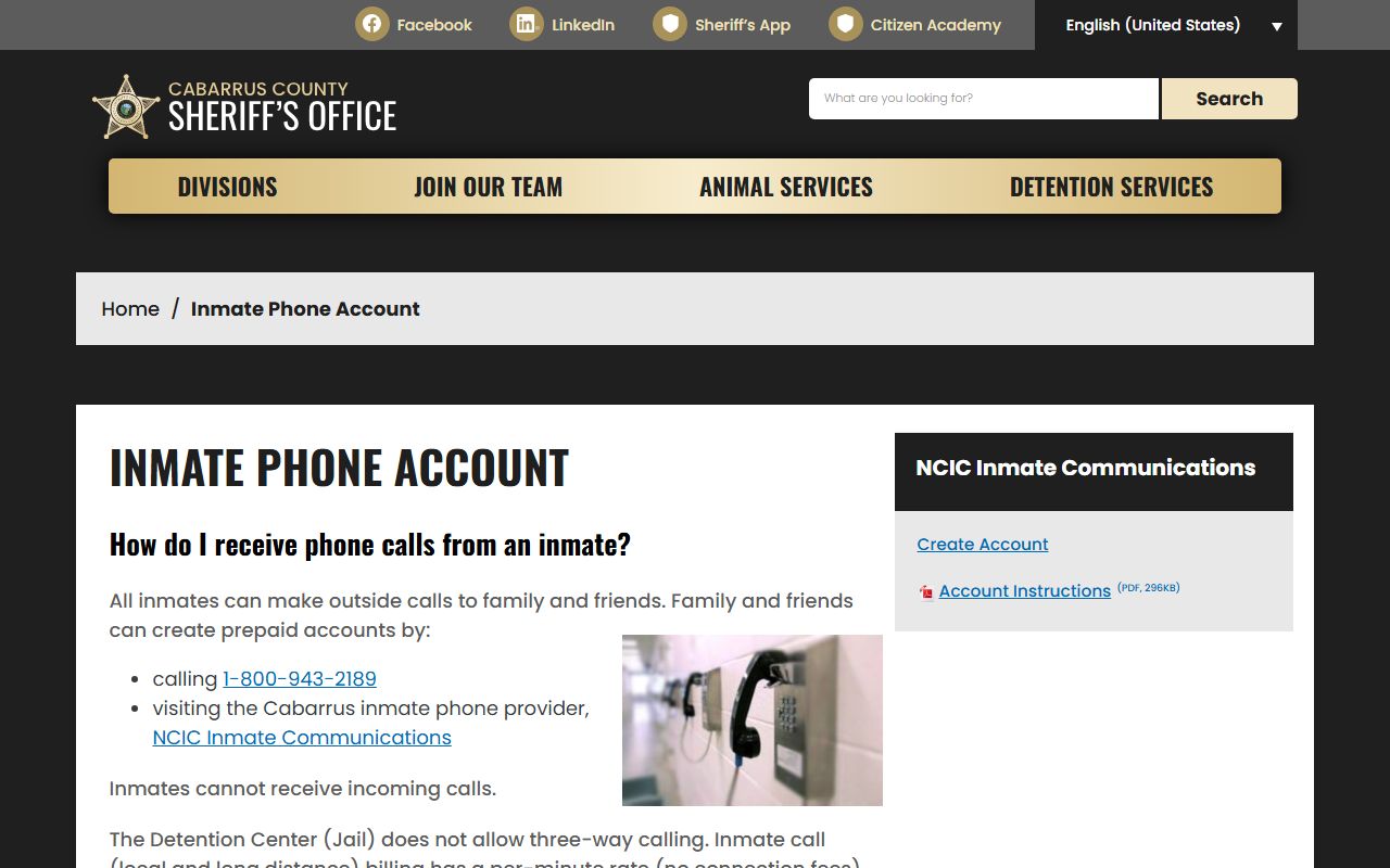 Cabarrus County inmate phone account and call rates