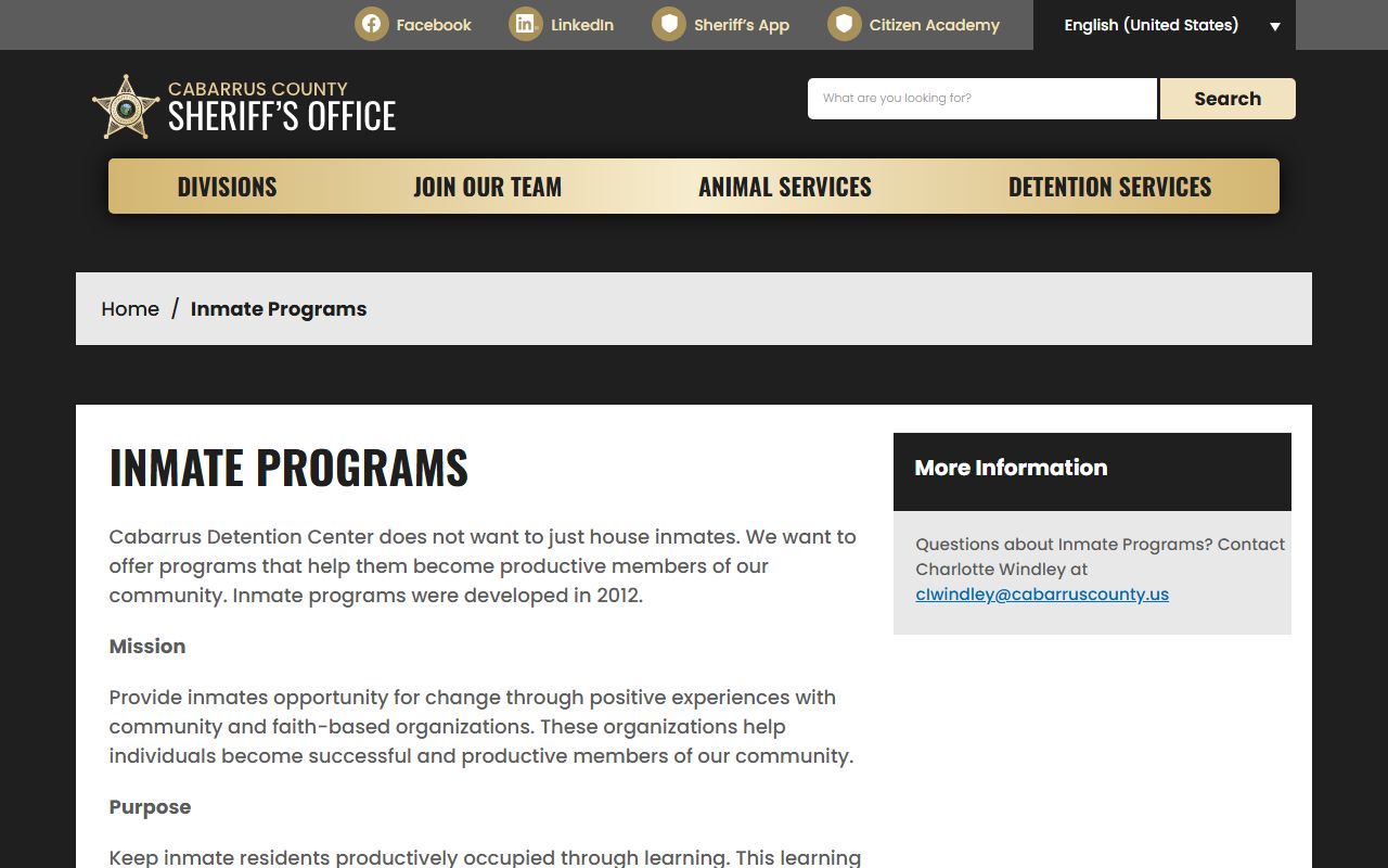 Cabarrus County inmate programs including Stepping Up and WRAP