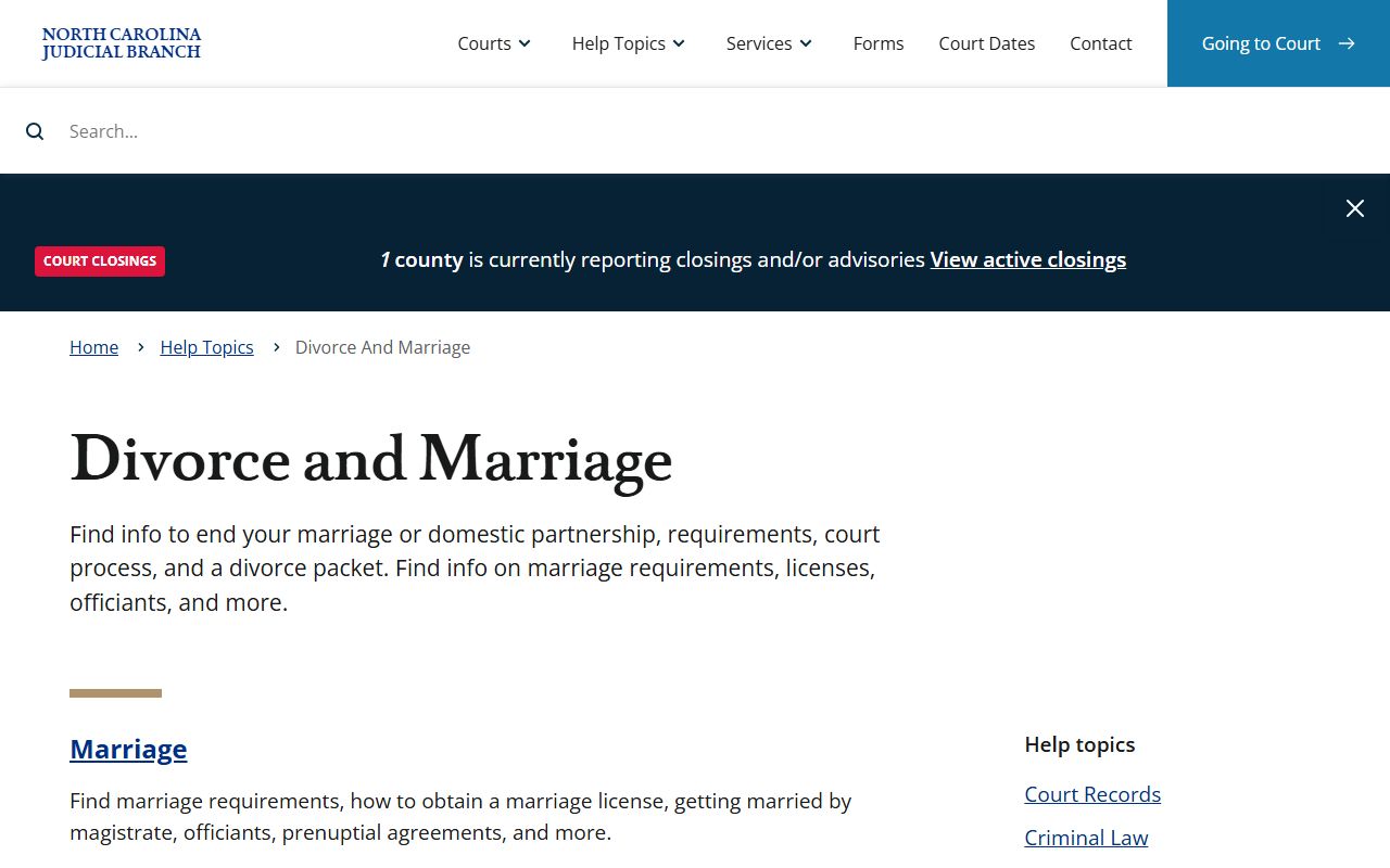 North Carolina divorce and marriage help topic for Cabarrus County