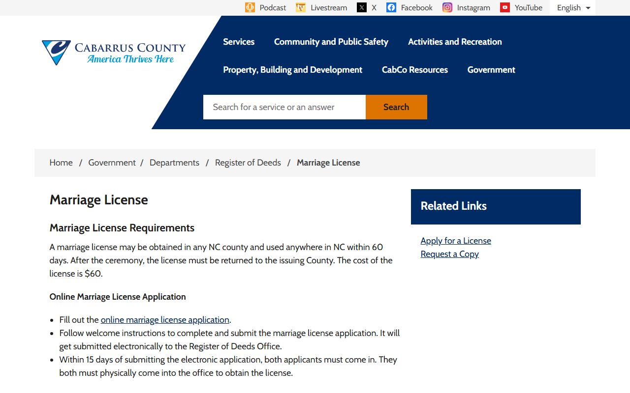 Cabarrus County marriage license requirements page