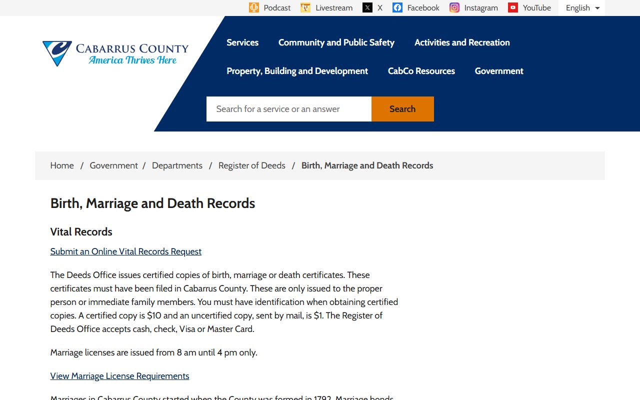 Cabarrus County vital records page for marriage records