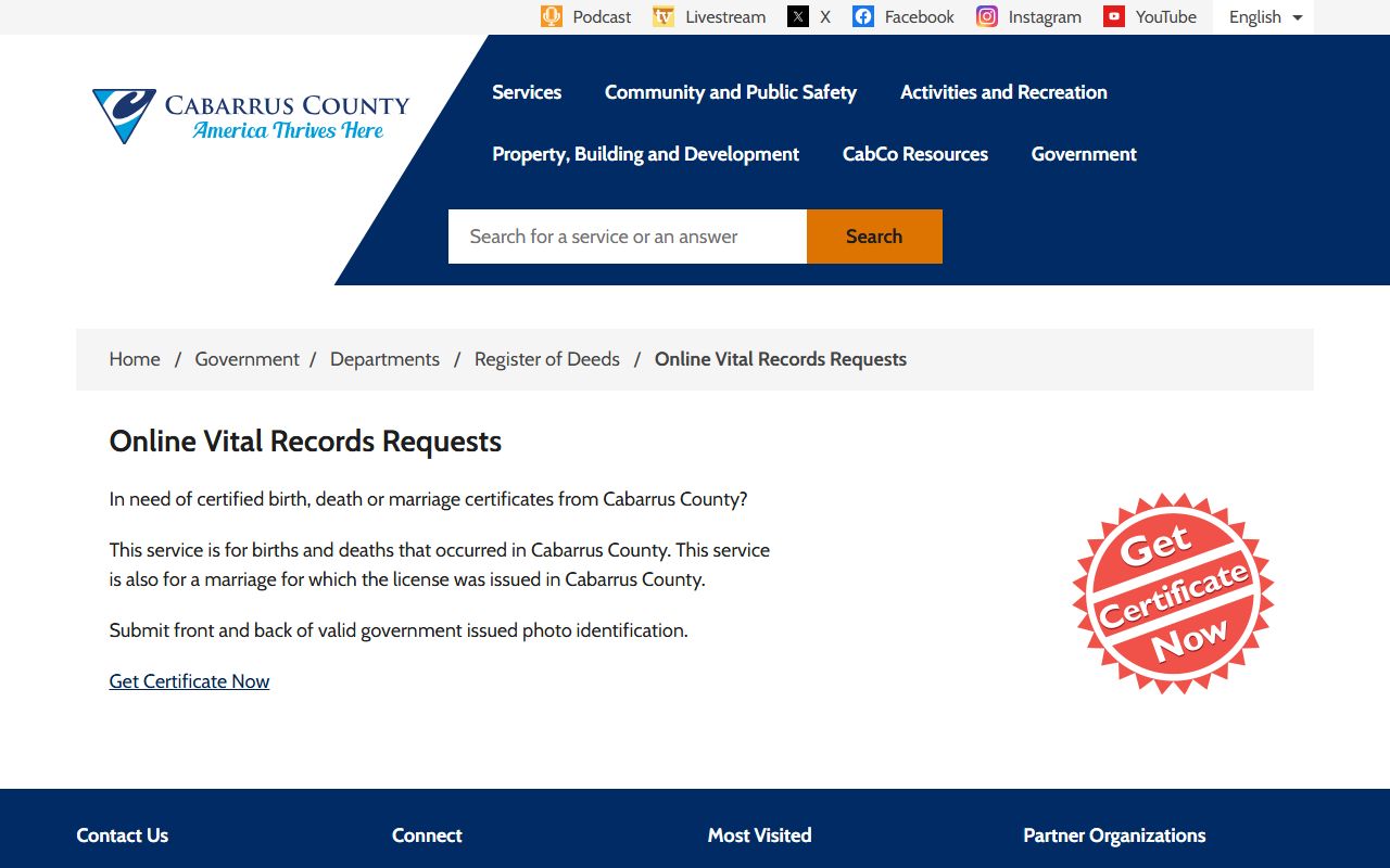 Cabarrus County online vital records request page