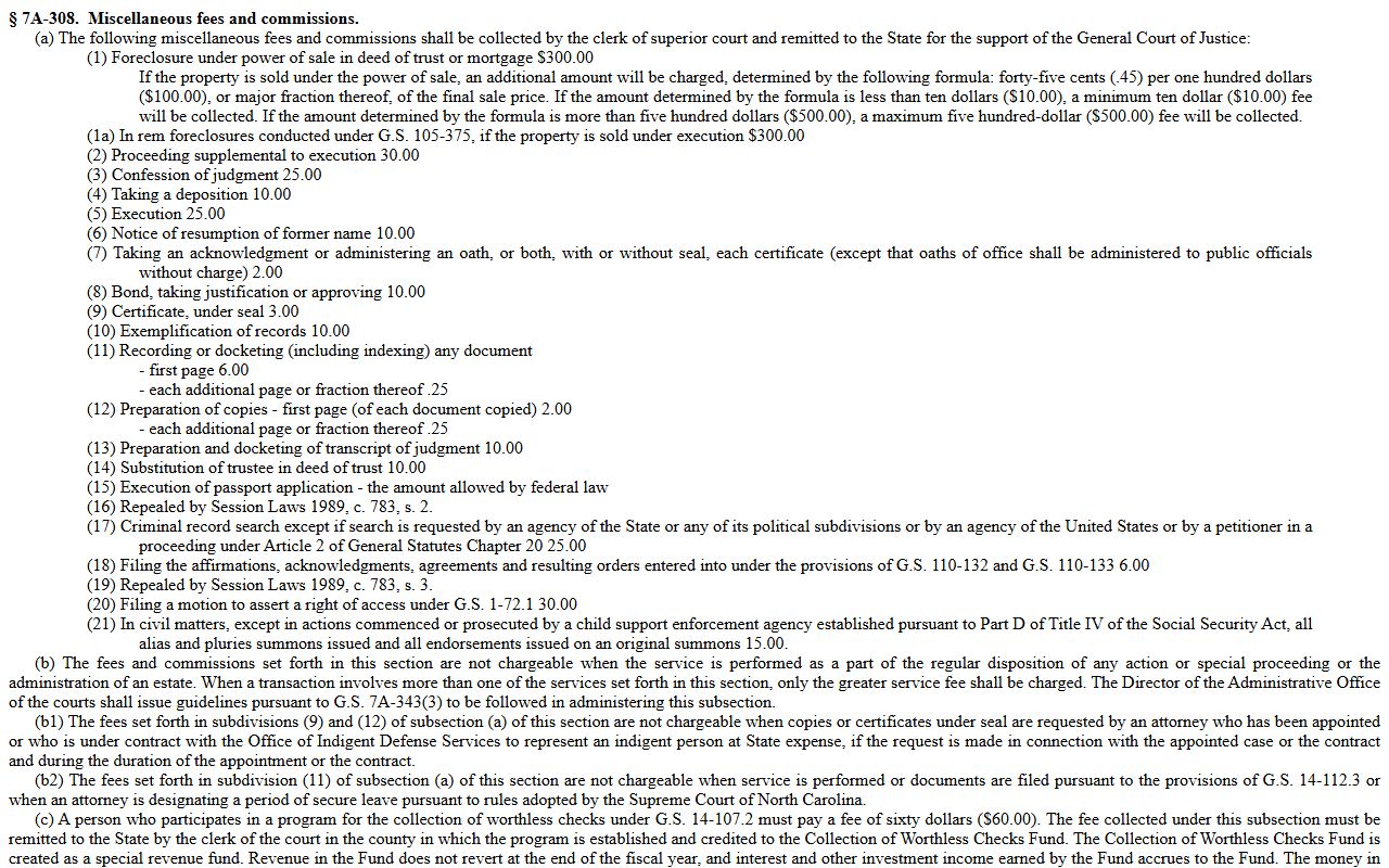 N.C.G.S. 7A-308 clerk civil costs for Cabarrus County probate