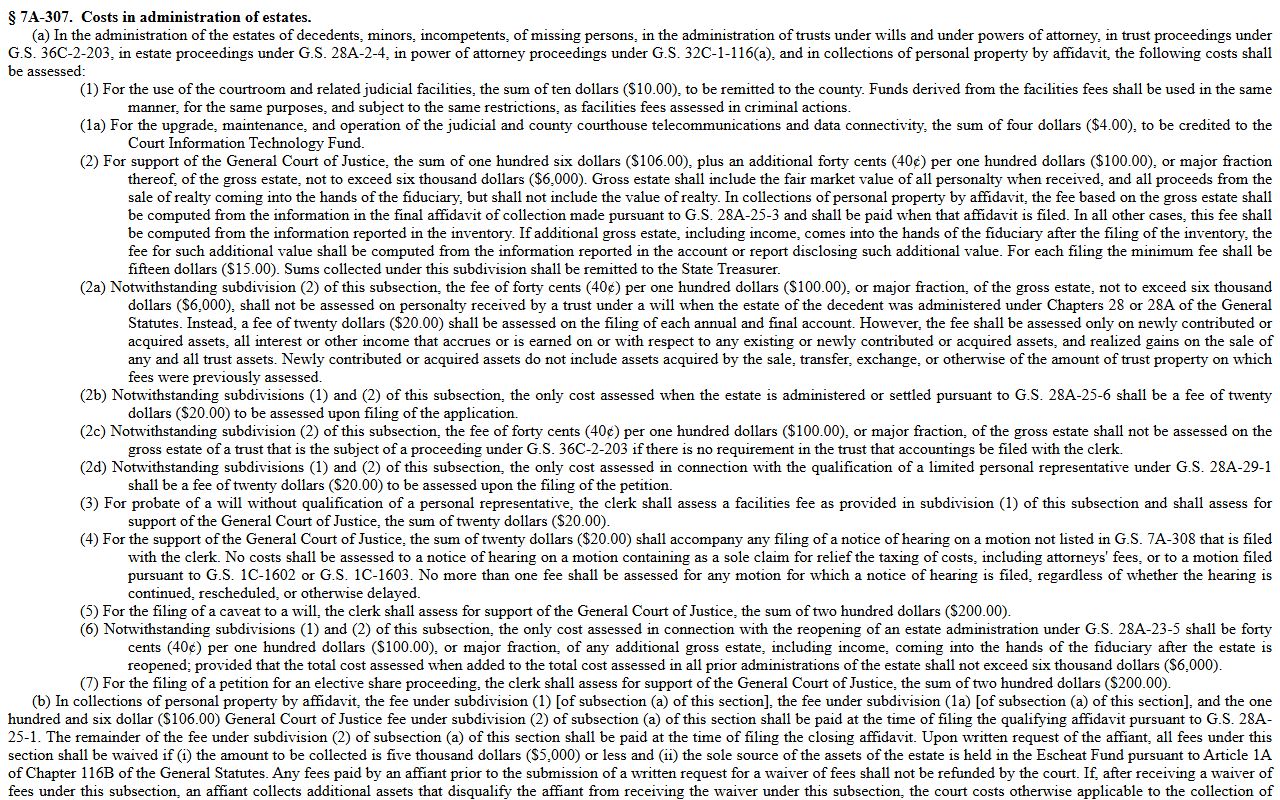 N.C.G.S. 7A-307 estate costs statute for Cabarrus County probate records