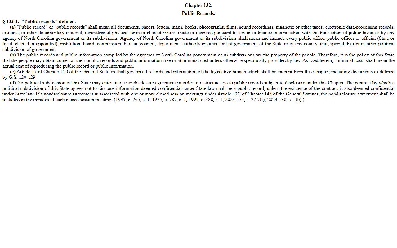 North Carolina public records definition statute for Cabarrus County probate records
