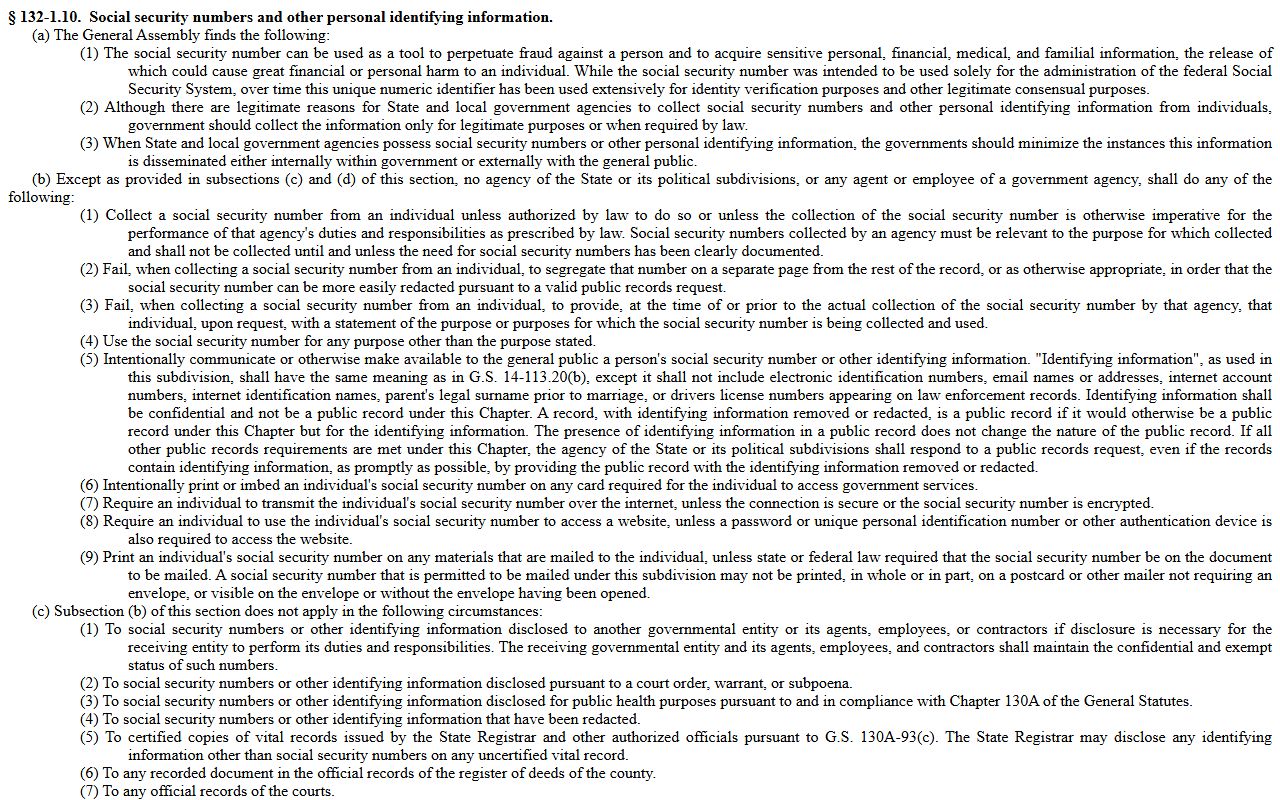 N.C.G.S. 132-1.10 personal information redaction for Cabarrus County records