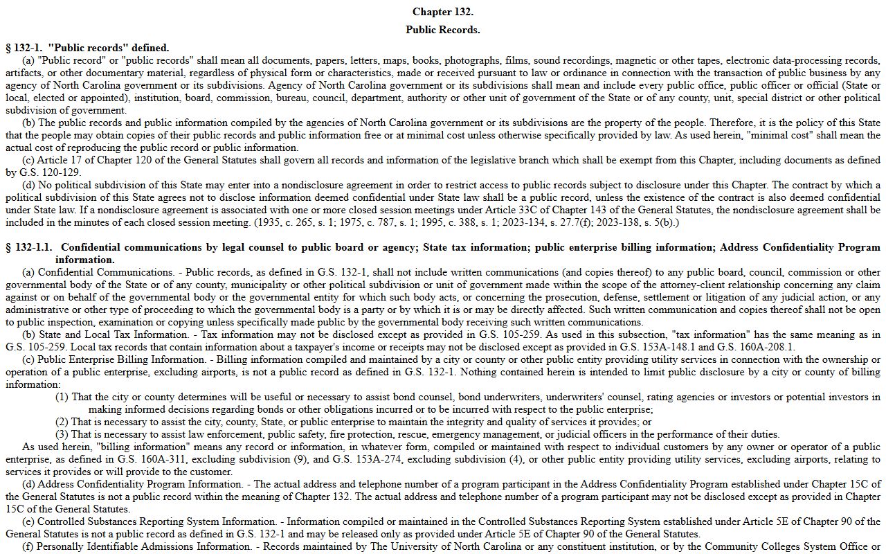 North Carolina Public Records Law Chapter 132 for Cabarrus County