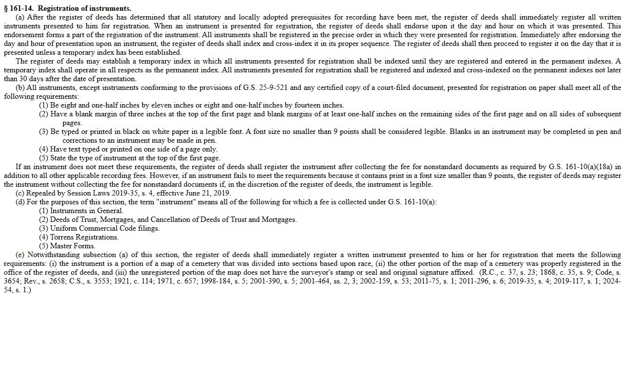 N.C.G.S. 161-14 document formatting standards for Cabarrus County records