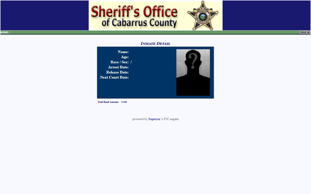 Cabarrus County P2C inmate detail showing release date field