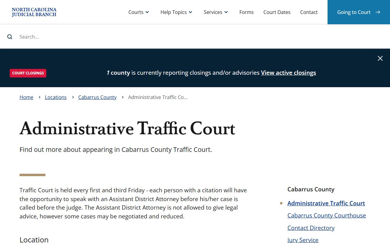 Cabarrus County Administrative Traffic Court schedule and location