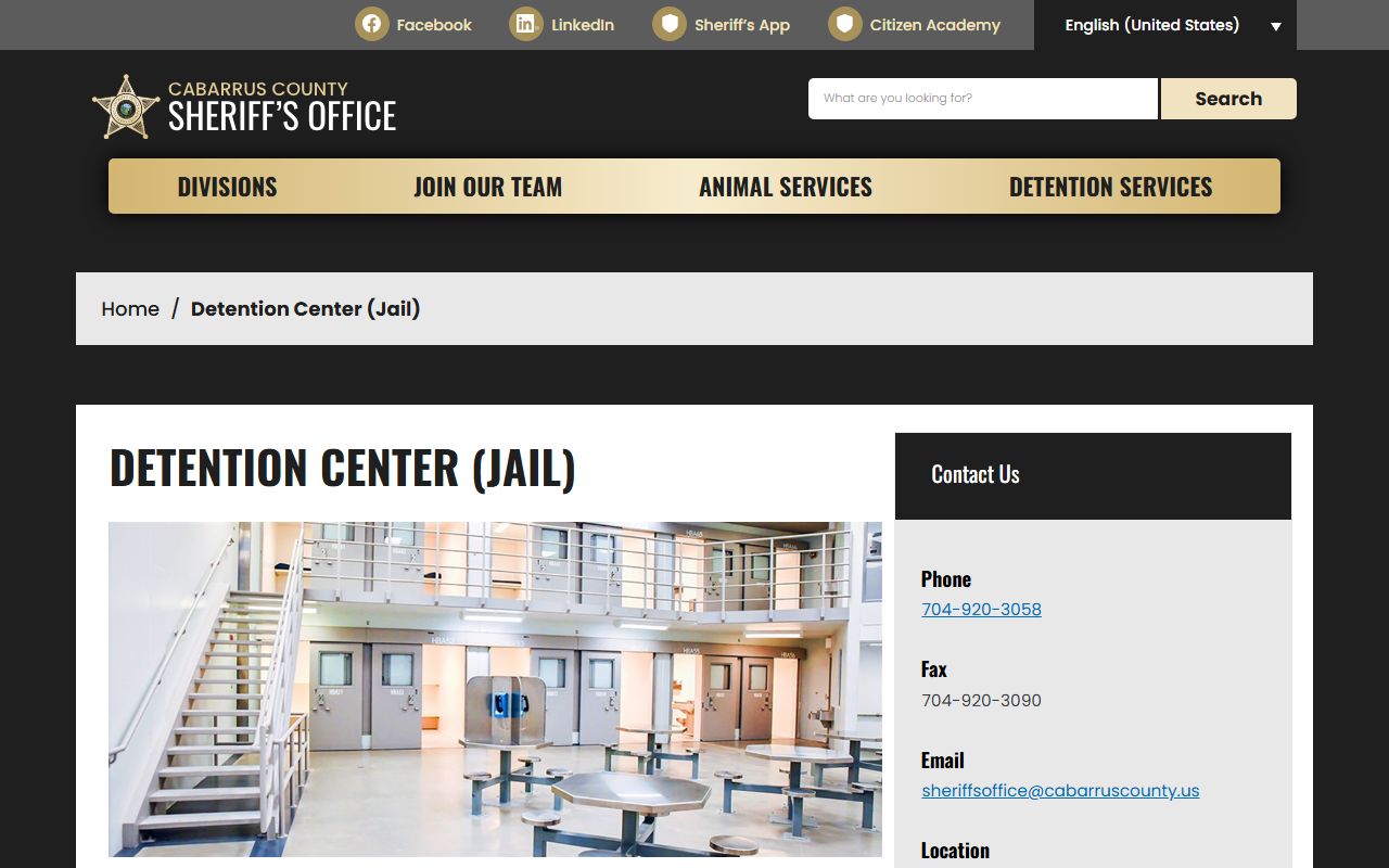 Cabarrus County Detention Center page related to warrants