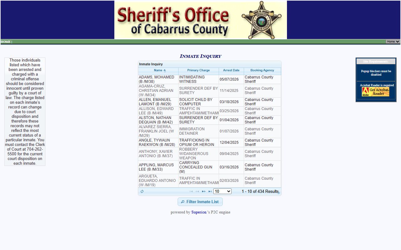 Cabarrus County P2C inmate inquiry used for warrant confirmation